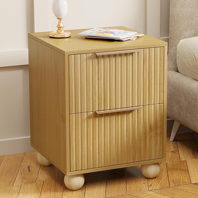 HOCAT Fluted Nightstand Set of 2, Natural Oak Finish Bedside Table with Spacious Storage Drawers, Night Stand with Solid Wood Round Legs for Bedroom, End Table, Side Table