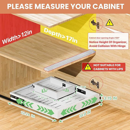 BUFOR 1 Pack Pull out Cabinet Organizer, Width (12"-19") Depth (17"-23"), with 3 Rails Adjustable Slide, Expandable Pullout Drawers for Cabinets, No Drill Adhesive Kitchen Drawers for Pantry Shelves