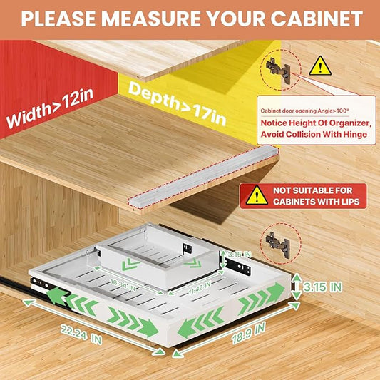 BUFOR 1 Pack Pull out Cabinet Organizer, Width (12"-19") Depth (17"-23"), with 3 Rails Adjustable Slide, Expandable Pullout Drawers for Cabinets, No Drill Adhesive Kitchen Drawers for Pantry Shelves