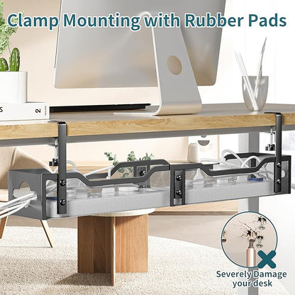 Under Desk Cable Management Tray Black, Litwaro Cable Management Under Desk No Drill, 25'' Cable Tray with Clamp for Wire Management, Cord Organizer for Office, Home - No Damage to Table