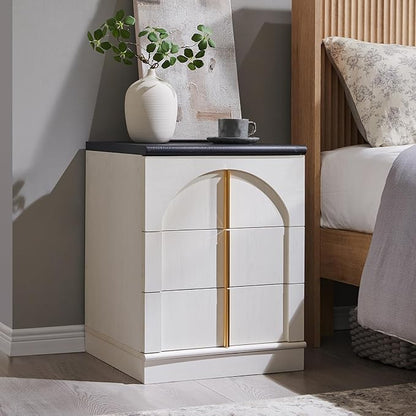 ACCOHOHO Modern Night Stand with Arched Panel, 18" Nightstand with Charging Station, Side Table with 3 Storage Drawers, Wood Square Bedside End Table for Bedroom Living Room, White