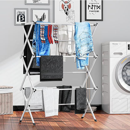 3 Tier Clothes Drying Rack, Foldable Drying Rack Clothing,Indoor & Outdoor Laundry Rack for Drying Clothes,Space-Saving Design, Metal Collapsible Dryer Racks for Laundry-White+Black