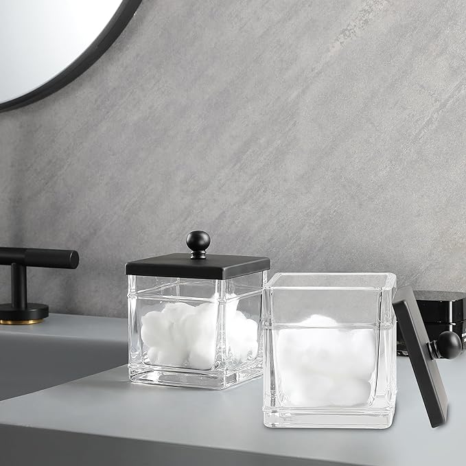 Indecor Home Glass Cotton Jar Holder 2 Pack– Matte Black Lid, Elegant Bathroom Storage Canister for Qtips, Cotton Balls, Floss, Makeup Organizer, Vanity & Bathroom Organization