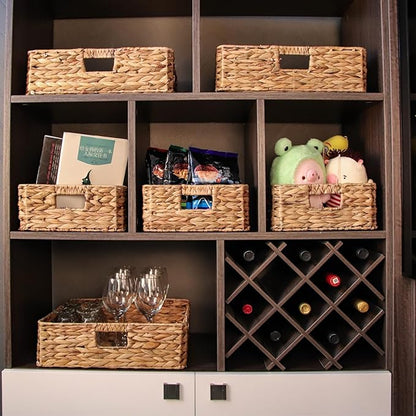 Rectangular Water Hyacinth Storage Baskets, Wicker Storage Baskets for Shelves, Square Shallow Basket, Woven Drawer Basket With Handle, 15.2” L x 12” W x 4.7” H