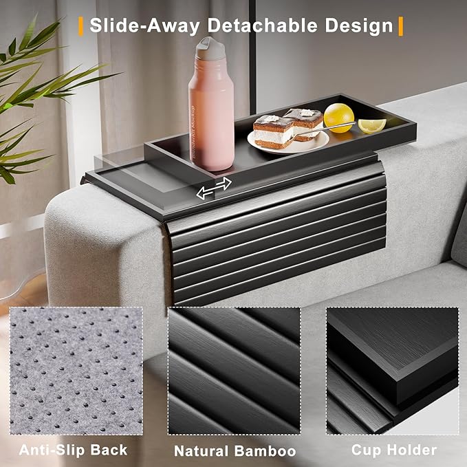 Bamboo Sofa Armrest Tray Table for Couch - 2-in-1 Couch Arm Table with Be Slide Detachable Tray- Anti-Slip Foldable Sofa Armchair Caddy for Drinks Cellphone TV Remote Snacks (Black)