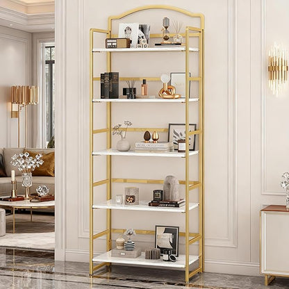 JSB No Assembly Folding Bookshelf, 5 Tier Book Shelf for Storage, Vintage Wood Foldable Bookcase for Living Room, Bedroom, Office Organization Shelves