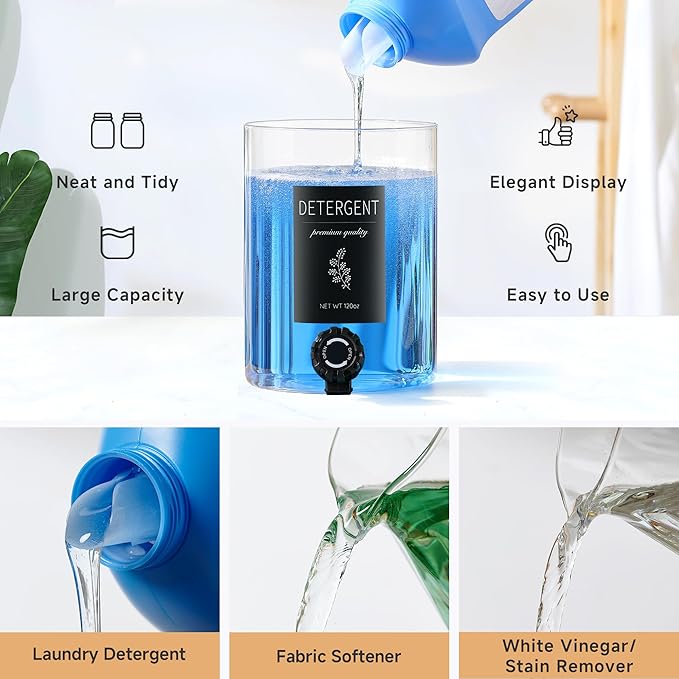 1 Glass Laundry Detergent Dispenser with Black Bamboo Lid - 120 Oz Liquid Detergent, Laundry Soap & Fabric Softener Dispenser for Laundry Room Organization and Storage with 1 Cups & 4 Labels