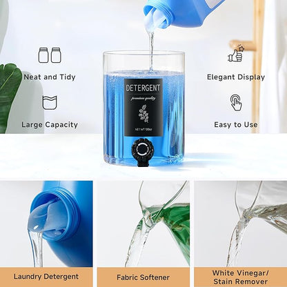 1 Glass Laundry Detergent Dispenser with Black Bamboo Lid - 120 Oz Liquid Detergent, Laundry Soap & Fabric Softener Dispenser for Laundry Room Organization and Storage with 1 Cups & 4 Labels