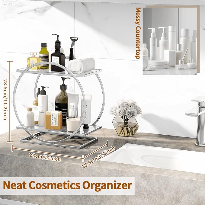 YIWANFW Perfume Organizer for Bedroom Dresser- Sliver Makeup Organizers for Vanity, 2 Tier Bathroom Countertop Organizer Perfume Tray Skincare Storage Cosmetic Display Rack, Make Up Counter Shelf