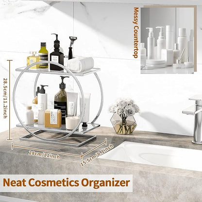YIWANFW Perfume Organizer for Bedroom Dresser- Sliver Makeup Organizers for Vanity, 2 Tier Bathroom Countertop Organizer Perfume Tray Skincare Storage Cosmetic Display Rack, Make Up Counter Shelf