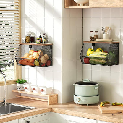 2 Tier Fruit Basket for Kitchen Counter, Stackable Onion and Potato Storage Basket, Wall Mounted Wire Basket with Wood Lid, Hanging Kitchen Storage Vegetable Organizer, 11.8 x 7.1 x 8.6 Inch