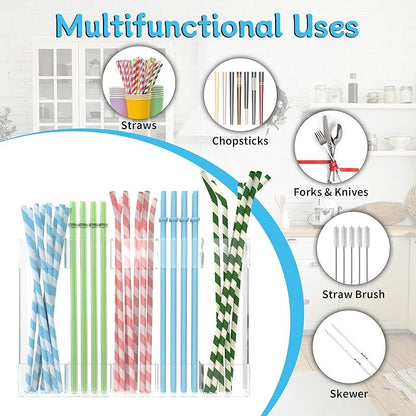 Acrylic Straw Holder for Cabinet Door, 9.5" Reusable Straws Organizer Storage Dispenser with Ultra Sticky Adhesive, Kitchen Accessories Container for Counter Cupboard (Transparent)