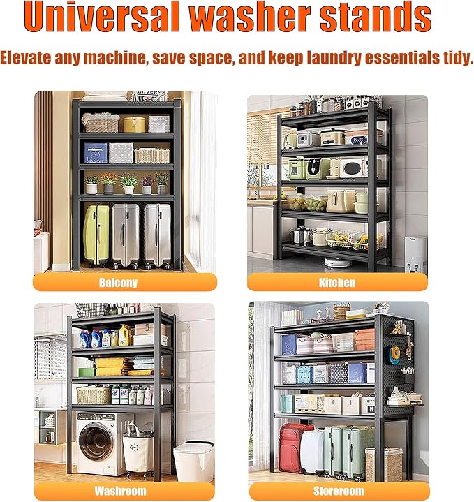Over Washer and Dryer Shelves,5 Tier Expandable Washer and Dryer rack,Laundry Room Storage Over Toilet Washing Machine and Dryer Storage Rack Bathroom Organization,77.4"H*39.4"W*15.7"D,BLACK