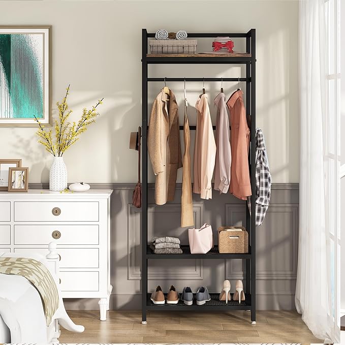 Tribesigns 69-inch Tall Clothes Garment Rack, Small Heavy Duty Clothes Hanging Rack, Freestanding Closet Organizer with Open Storage Shelves and Hooks for Bedroom, Brown & Black