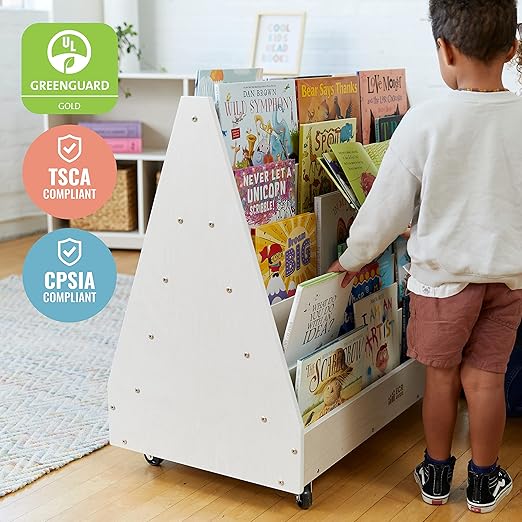ECR4Kids Double-Sided Wooden Mobile Book Display and Storage, Montessori Furniture, White Wash