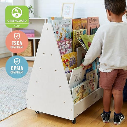 ECR4Kids Double-Sided Wooden Mobile Book Display and Storage, Montessori Furniture, White Wash