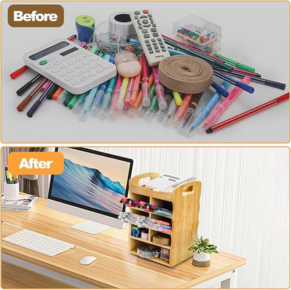 Bamboo Art Supply Organizer, 360° Rotating Pen Holder with Handle, Holds 400+ Pencils, 15 Compartments Desktop Storage Stationary Caddy for Colored Pencil, Pens, Art Brushes, Crayon