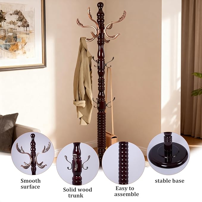 73”Vintage Wooden Coat Rack，With 14 Hooks and Sturdy Round Base.Sturdy and Durable Standing Coat Racks，Adjustable Wooden Freestanding Coat Rack for Porch，Bedrooms (Metal, 1 PCS)