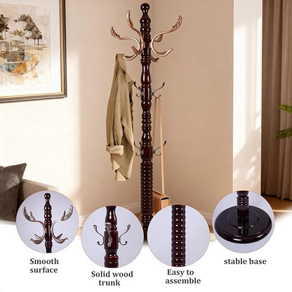73”Vintage Wooden Coat Rack，With 14 Hooks and Sturdy Round Base.Sturdy and Durable Standing Coat Racks，Adjustable Wooden Freestanding Coat Rack for Porch，Bedrooms (Metal, 1 PCS)