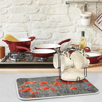 ZzWwR Beautiful Meadow Red Poppy Flowers Absorbent Dish Drying Mat Microfiber Kitchen Countertop Table Protector Multi-Purpose Counter Rack Sink Drainer Pad (16" x 18")