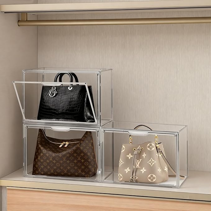 Cutora 6Pack Purse Organizer for Closet Clear Acrylic Display Case Handbag Storage Organizer Box with Magnetic Door Stackable Storage Bins with Dustproof Lid for Book Toys Shoes Cosmetic Collectibles