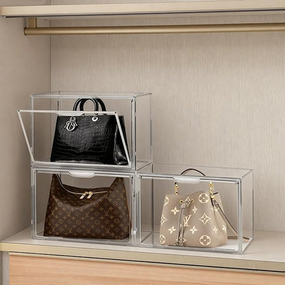 Cutora 6Pack Purse Organizer for Closet Clear Acrylic Display Case Handbag Storage Organizer Box with Magnetic Door Stackable Storage Bins with Dustproof Lid for Book Toys Shoes Cosmetic Collectibles