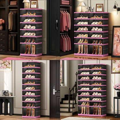 CIMLORD 6-Tier Foldable Shoe Rack Organizer for Closet,12 Pairs Collapsible Plastic Shoe Shelf,Clear Stackable Shoe Storage Boxes with Door Easy Assembly,Shoe Cabinet with Lids Large（Black-pink）