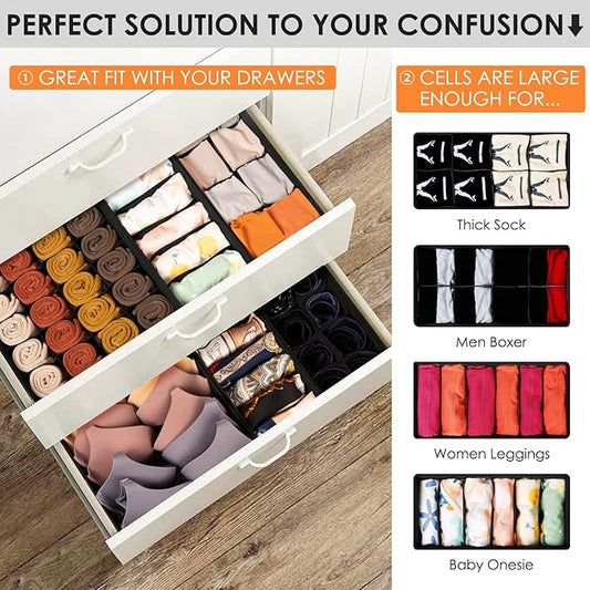 Criusia Drawer Organizer Clothes, 16 Pack Dresser Organizer Bins for Baby Clothes, Underwear Sock, Fabric Closet Organization and Storage Dividers for Nursery Bedroom (96 Compartments, Black)