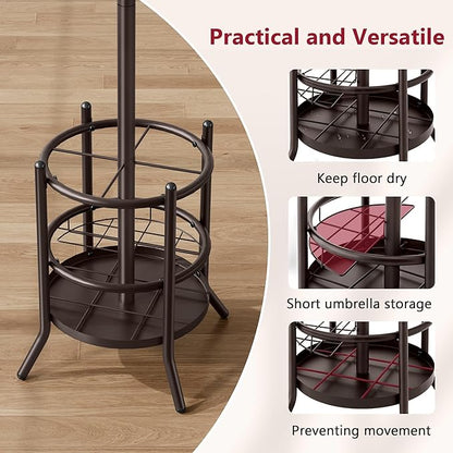 Tajsoon Coat Rack Stand with Umbrella Holder, Coat Tree Freestanding with 16 Hooks, Coat Hangers Stand for Living Room, Bedroom, Office, Brown