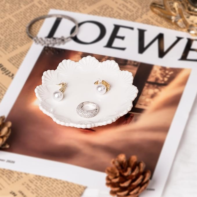 Ceramic Jewelry Dish, Decorative Tray for Rings Earrings Necklaces Bracelet Watch Keys, 4.50" Trinket Tray as Gifts for Women (White Shell)