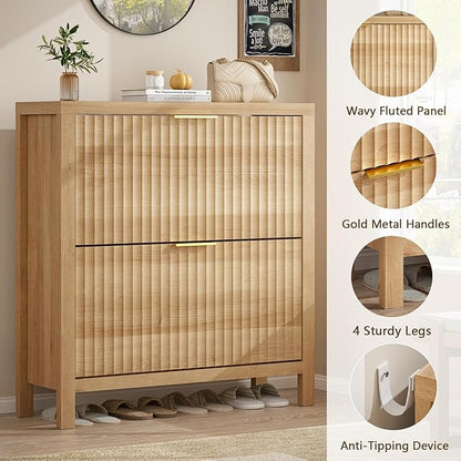 YOMILUVE Shoe Cabinet Storage for Entryway, Fluted Shoe Cabinet with 2 Flip Drawers, Hidden Shoe Rack Tall Freestanding Shoe Organizer with Legs for Hallway, Wood