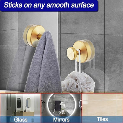Bntuk Suction Cup Hooks for Shower, Removable Towel Hooks for Bathroom Window Glass Door Wall, Bath Robe Looafh Hook for Hanging - 4 Pack, Gold1