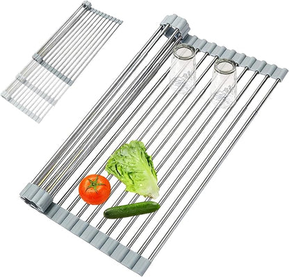 HAYAWEY Expandable Roll-UP Dish Drying Rack-Large 304 Stainless Steel Dish Drainer Over The Sink for Kitchen Countertop,Extendable & Rollable & Food Grade (Silver,22.08'x 13.2')