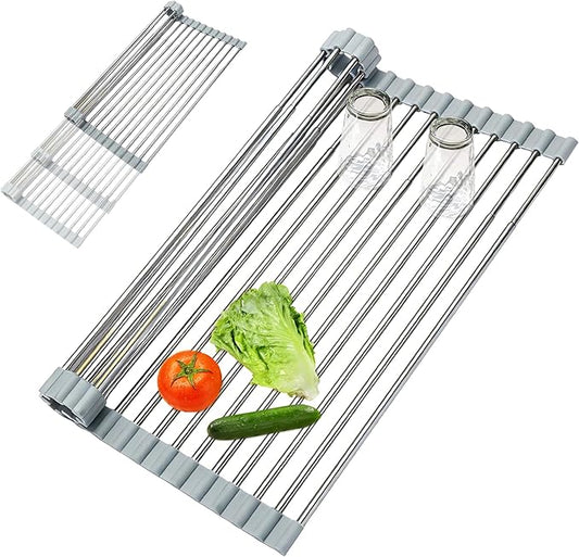 HAYAWEY Expandable Roll-UP Dish Drying Rack-Large 304 Stainless Steel Dish Drainer Over The Sink for Kitchen Countertop,Extendable & Rollable & Food Grade (Silver,22.08'x 13.2')