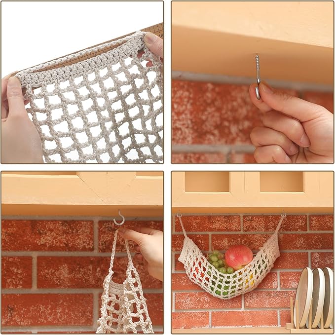 2 Pcs 11.8 x 20 Inch Large Macrame Fruit Hammock Under Cabinet Veggie Banana Hammock Hanging Fruit Basket Saves Counter Space for Kitchen Hand-woven Lace Hanging Basket for Kitchen(Rustic Style)