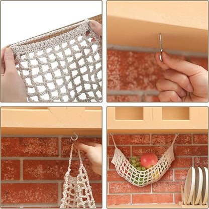 2 Pcs 11.8 x 20 Inch Large Macrame Fruit Hammock Under Cabinet Veggie Banana Hammock Hanging Fruit Basket Saves Counter Space for Kitchen Hand-woven Lace Hanging Basket for Kitchen(Rustic Style)