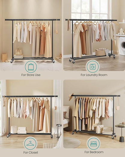 SONGMICS Clothes Rack with Wheels, Heavy-Duty Clothing Rack for Hanging Clothes, Portable, 17.7 x (63-78.7) x 63.6 Inches, with Extendable Hanging Rail, 330 lb Load Capacity, Black UHSR175B01
