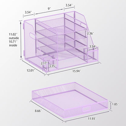 SUPEASY Mesh Desk Organizer with File Holder, 5-Tier Paper Letter Tray Organizer with Magazine Holder, Desktop Organizer and Storage with Drawer for Office Supplies Home or School (Purple)