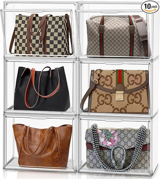 10 Pack Purse Organizer for Closet, 14.1''x8.6''x10.9 '' Clear Acrylic Display Case with Magnetic Door, X-Large Plastic Stackable Handbag Organizer for Collectibles, Figures, Size 14 Shoes, Cosmetic