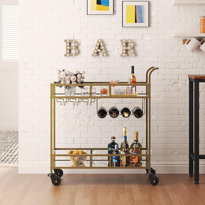 TrailBlaze Gold Mirrored 2-Tier Rolling Bar Cart – Beverage & Wine Service Trolley with 4 Bottle Racks & 3 Glass Holders – Compact Metal Design for Home, Kitchen, Dining, Living Room – 34x15x35in