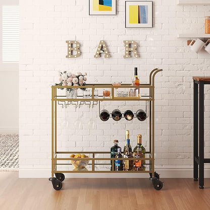 TrailBlaze Gold Mirrored 2-Tier Rolling Bar Cart – Beverage & Wine Service Trolley with 4 Bottle Racks & 3 Glass Holders – Compact Metal Design for Home, Kitchen, Dining, Living Room – 34x15x35in