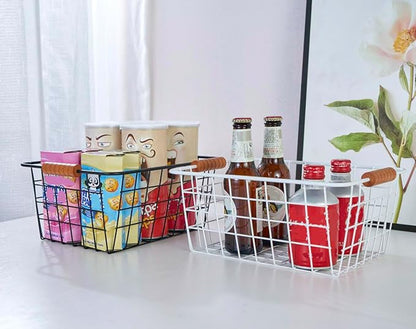 Wire Kitchen Storage Basket 2 Packs,Perfect Pantry Organization Accessories Baskets,Laundry Basket,With a Wooden handle,Suitable for Kitchen,Bathroom,Bedroom,Tabletop,Stackable,Black