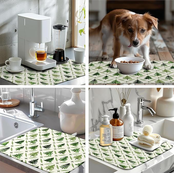 Wnoesat Christmas Dish Drying Mat for Kitchen Counter 16x18 Inch Sage Green Xmas Tree Drying Mats Winter Holiday Dish Drainer Pad Microfiber Absorbent Dish Draining Mat for Coffee Bar