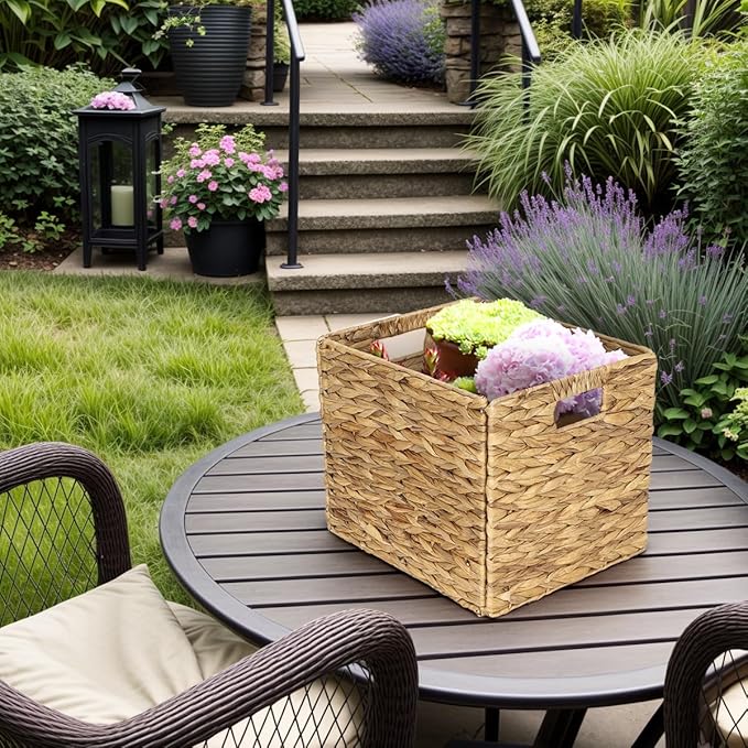 4 Pack 13 x 11in Rectangular Wicker Storage Bins, Water Hyacinth Baskets, Foldable Wicker Baskets, Storage Basket with Built-in Handles, Handwoven Natural Basket for Shelves, Outdoor