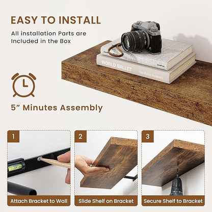 fuqing Floating Shelves for Wall, Wall Mounted Wood Floating Shelf with Invisible Brackets for Living Room, Bathroom, Bedroom, Kitchen Storage and Decor, 30 Inch Set of 2, Rustic Brown