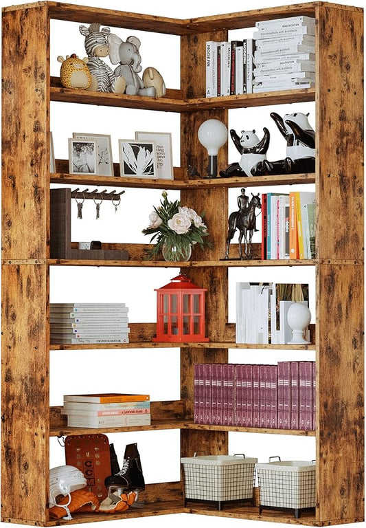 IRONCK Corner Bookshelf, Bookshelves 6 Tiers with Baffles Industrial Large Corner Etagere Bookcase Storage Display Rack for Living Room Home Office