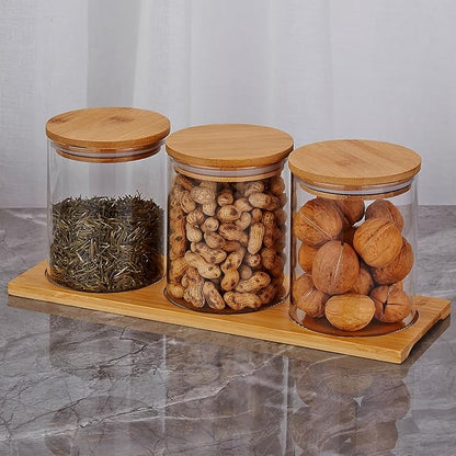 SANQIAHOME Glass Coffee Sugar Containers with Shelf, 3 x 27 OZ Coffee Bean Storage Station Organizer,Airtight Seal,Food Storage Jar for Kitchen