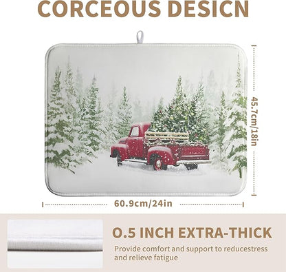 Wnoesat Christmas Dish Drying Mat Red Truck Xmas Tree Drying Mats for Kitchen Counter Winter Holiday Dishes Drainer Mats Absorbent Microfiber Dish Draining Pad Extra Large 18x24 Inch