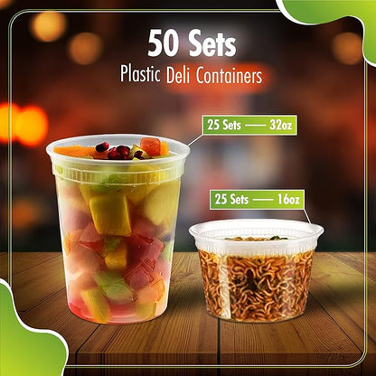 QUIDDITY WARE Deli Containers with Lids Leakproof - 50 Pack BPA-Free Plastic Microwaveable Clear Food Storage Container Premium Heavy-Duty Quality, Freezer & Dishwasher Safe (50 Set Combo).