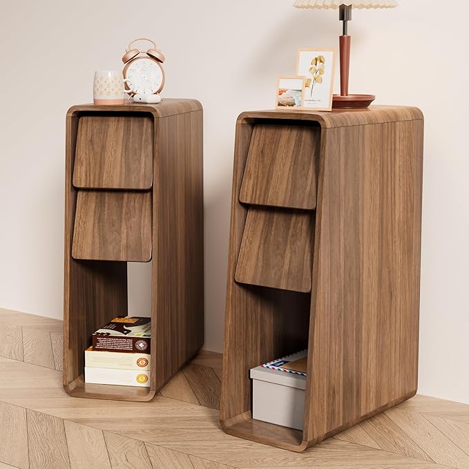 Narrow Nightstand Set of 2, Small Bedside Table, Slim Wood Bed Side Table, Mid Century Modern Night Stand with Slanted 2 Drawers, Walnut Nightstand for Bedroom, Skinny, Vintage